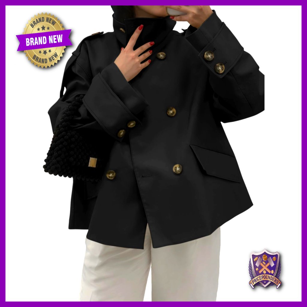 Cropped Trench Coat Oversized Double Breasted Casual Work Outerwear Classic